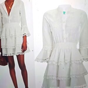 Waimari Calamaro Tiered Ruffle Smocked Beach Coastal Bridal Mini Dress: White L